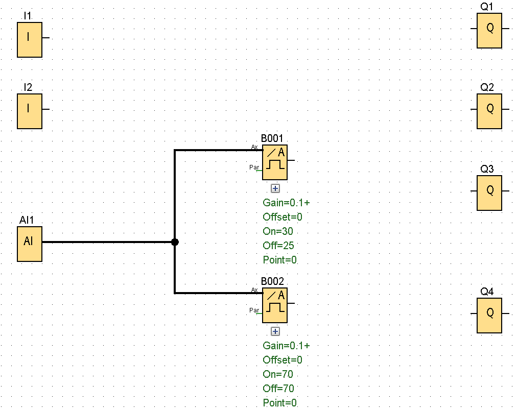 بلوک analog threshold در برنامه کنترل دمای محیط با لوگو